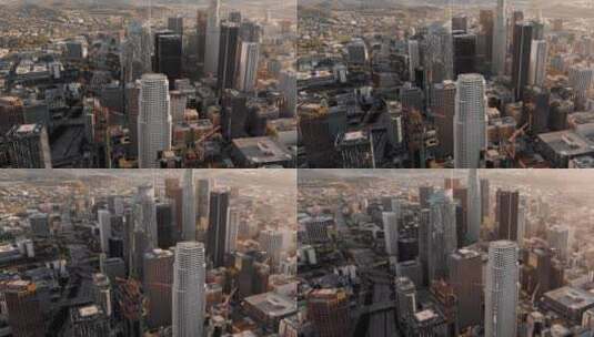 城市航拍加州洛杉矶市中心摩天大楼清晨日出高清在线视频素材下载