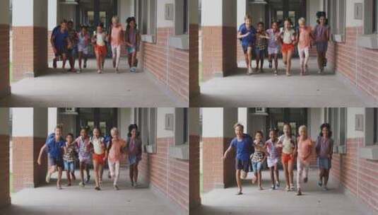 不同学生在学校走廊上奔跑高清在线视频素材下载