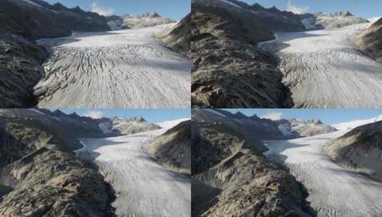 瓦莱州边境富尔卡山口附近罗纳河冰川冰上的快速空中飞越高清在线视频素材下载