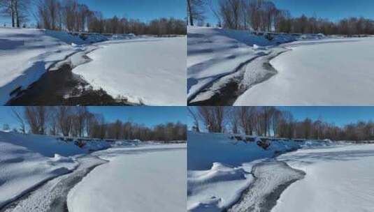 航拍初春库都尔河开河雪景高清在线视频素材下载