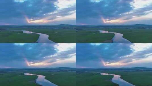 航拍农场郊外河流天空晚霞美景高清在线视频素材下载