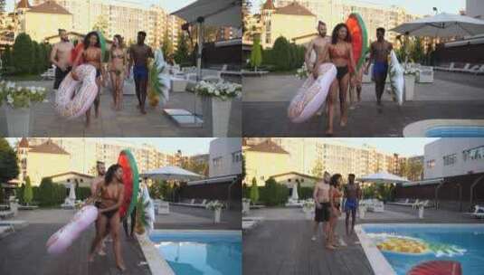 一群朋友步行到酒店的游泳池高清在线视频素材下载
