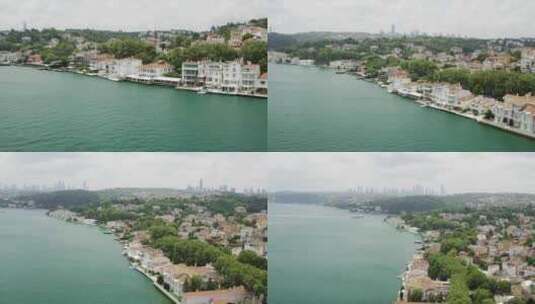 伊斯坦布尔博斯普鲁斯海峡和水边别墅鸟瞰图高清在线视频素材下载