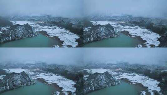 西藏然乌湖和雪山森林湖泊的雪景航拍风光高清在线视频素材下载