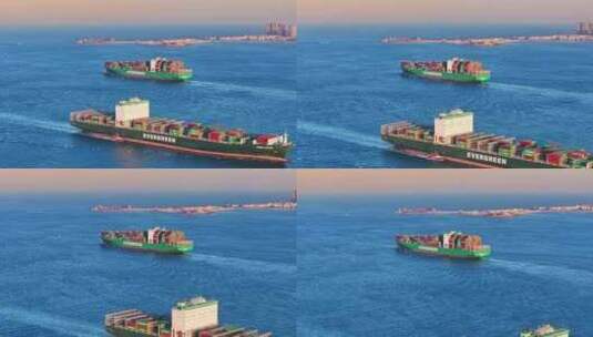 航拍轮船胶州湾轮船集装箱船航拍高清在线视频素材下载
