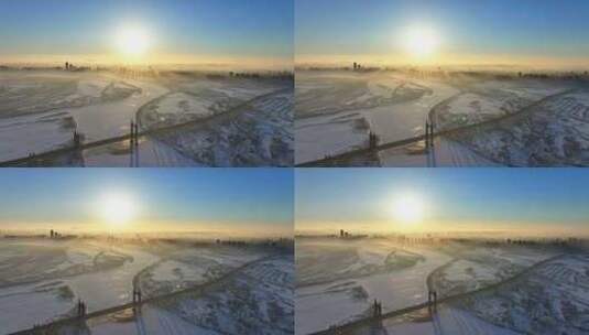 哈尔滨 冬季 松花江雾凇 阳明滩大桥高清在线视频素材下载