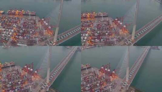 港口密集的集装箱与桥梁高清在线视频素材下载