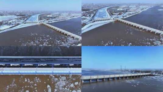 三盛公黄河水利枢纽冬季雪景流凌航拍高清在线视频素材下载