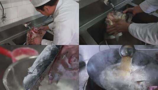 厨师洗鱼炸鱼高清在线视频素材下载