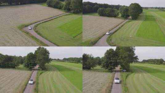 荷兰小路上行驶的白色老式婚车鸟瞰图高清在线视频素材下载