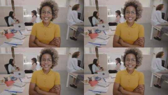 成功的拉丁女商人交叉双臂微笑美丽女性的肖高清在线视频素材下载