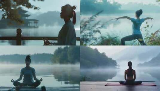4清晨湖边女人做瑜伽高清在线视频素材下载
