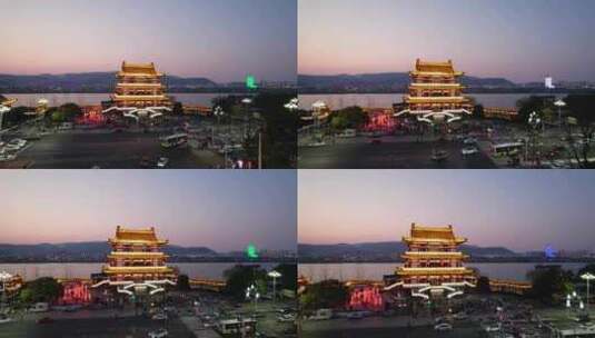 湖南省长沙市湘江杜甫江阁夜景4k航拍高清在线视频素材下载