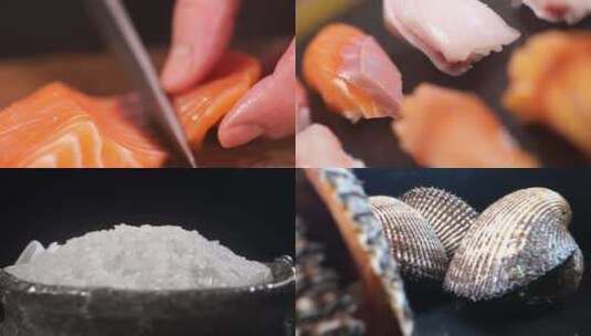 海鲜 三文鱼 大米 海胆 料理高清在线视频素材下载