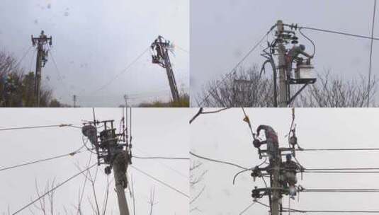 风雪中国家电网工人抢修农村电路高清在线视频素材下载