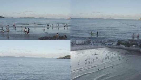 原创log航拍黄昏沙滩上玩耍的人4K高清在线视频素材下载