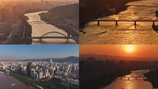 兰州市黄河畔城市日落航拍全景高清在线视频素材下载