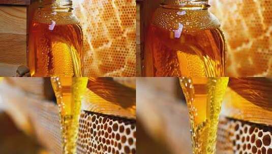 瓶装蜂蜜与蜂巢特写高清在线视频素材下载