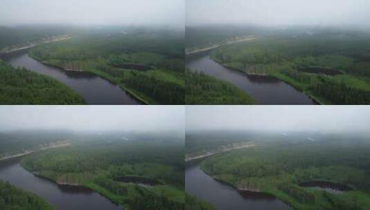 航拍大兴安岭安格林河森林晨雾高清在线视频素材下载