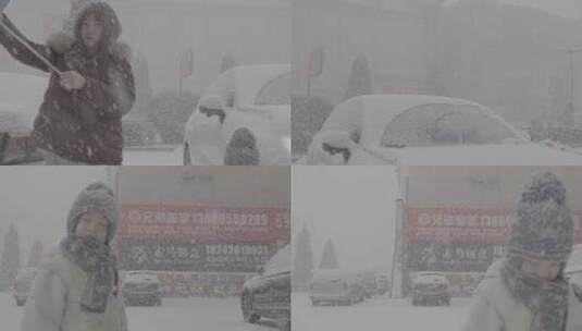 母子在雪地车旁打伞SLOG高清在线视频素材下载