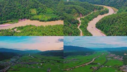 高山峡谷河流稻田景观航拍高清在线视频素材下载