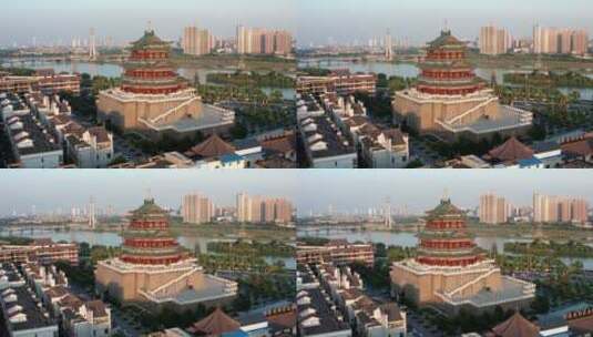陕西省咸阳市清渭楼美术馆日落航拍高清在线视频素材下载