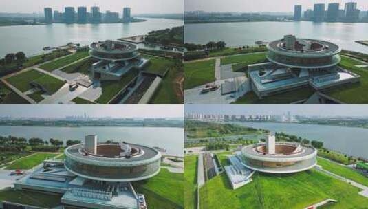 航拍北龙湖金融岛郑州公共艺术中心高清在线视频素材下载