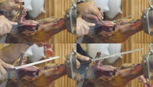 厨师给火腿切片特写镜头高清在线视频素材下载