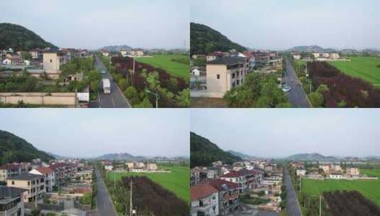 航拍蓝天下杭州建德乡村公路和乡村风光高清在线视频素材下载