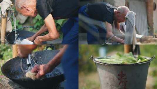 农村孤寡老人独居生活洗锅洗菜4k视频素材高清在线视频素材下载