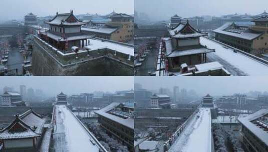 航拍西安城墙永宁门雪景高清在线视频素材下载