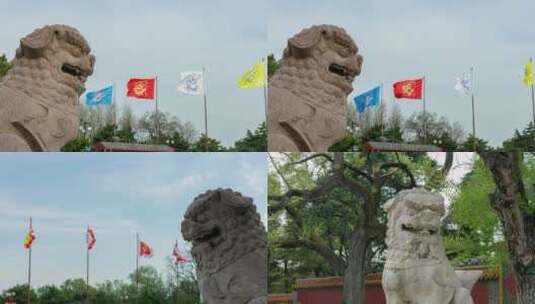 清福陵东陵正红门石狮子和八旗旗帜飘扬高清在线视频素材下载