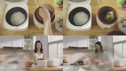 女人做饭炖汤端菜上桌高清在线视频素材下载