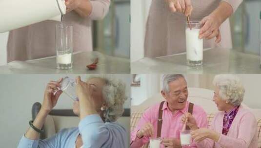 中老年人高兴喝奶喝牛奶冲奶粉一组高清在线视频素材下载