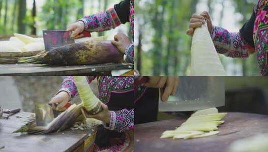 少数民族女人山间切竹笋切春笋片制作美食高清在线视频素材下载