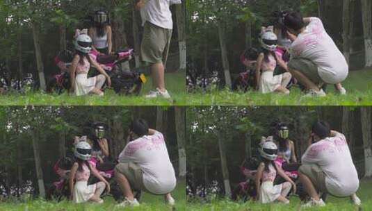 摄影师在公园拍摄骑摩托的模特高清在线视频素材下载