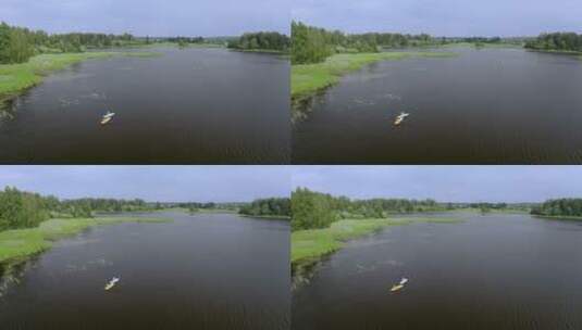 航拍的湖中划桨的人高清在线视频素材下载