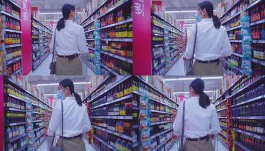 戴口罩的青年女人在超市购物高清在线视频素材下载