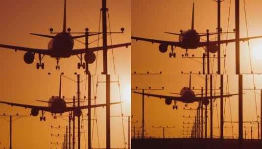 日落时分飞机降落在机场高清在线视频素材下载