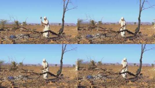 沙漠中砍伐的老人高清在线视频素材下载