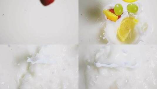 水果掉入牛奶慢镜头  玫瑰青提 草莓高清在线视频素材下载