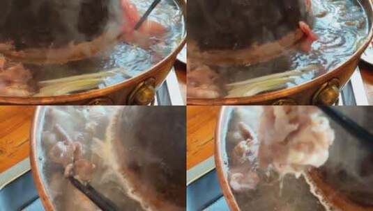 铜锅涮锅沸腾俯瞰涮肉慢动作一组高清在线视频素材下载
