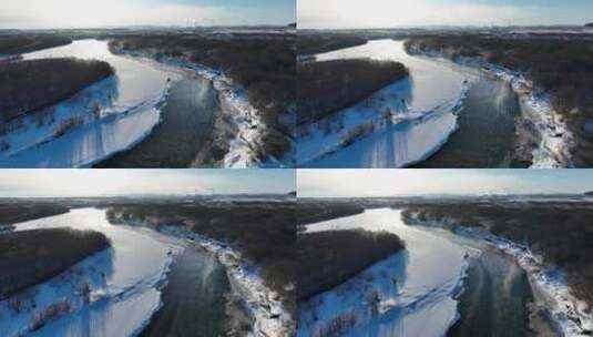 航拍呼伦贝尔河流湿地初春雪景高清在线视频素材下载