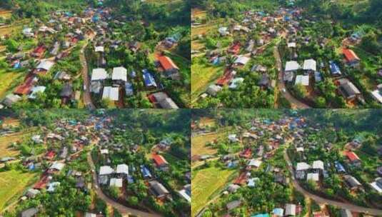 山坡村庄和农业区的鸟瞰图高清在线视频素材下载