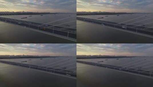 航拍夕阳下的南京江心洲大桥高清在线视频素材下载