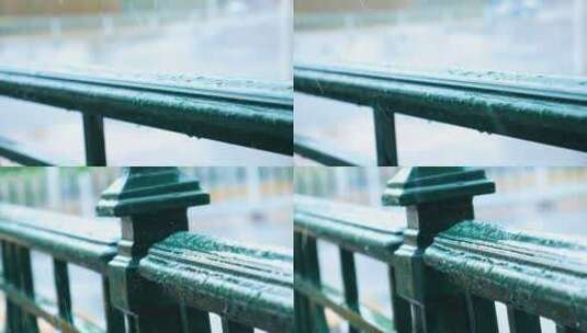雨滴落在栏杆、窗台、车辆高清在线视频素材下载