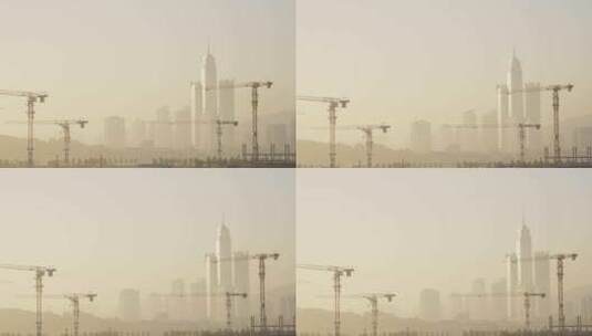 大雾中的烟台城市天际线和建设中的工地高清在线视频素材下载