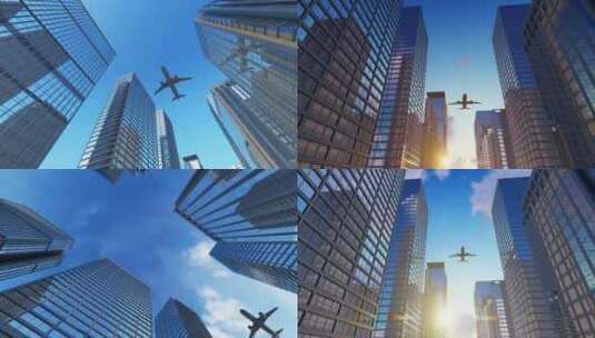 城市建筑商务中心大楼飞机飞过高清在线视频素材下载