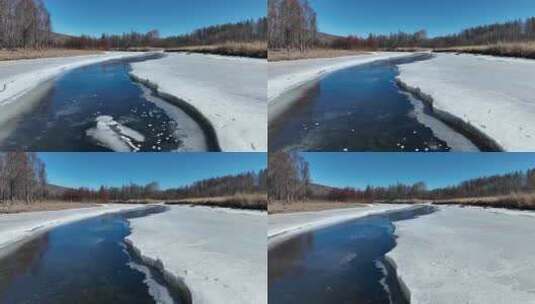 大兴安岭自然风光春天开河雪景高清在线视频素材下载