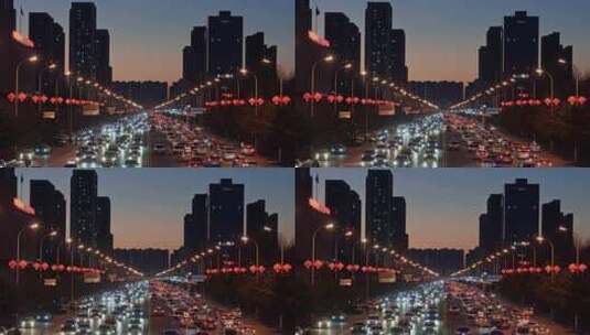 城市街道车流红灯笼喜庆氛围高清在线视频素材下载